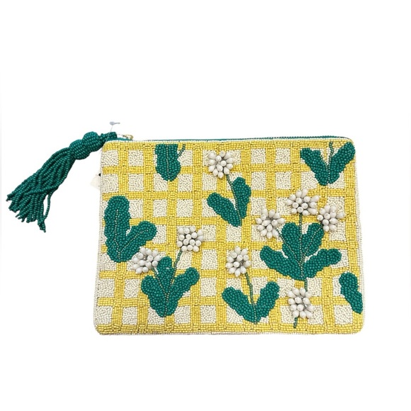 Anthropologie Fiona Large Beaded Pouch Yellow Lattice Floral Top Zipper Closure - Picture 3 of 12